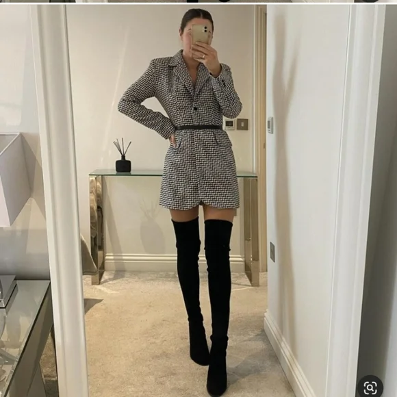 NWT Zara * Houndstooth Textured Tweed Blazer Dress Cut Out Size XS S - Picture 13 of 15